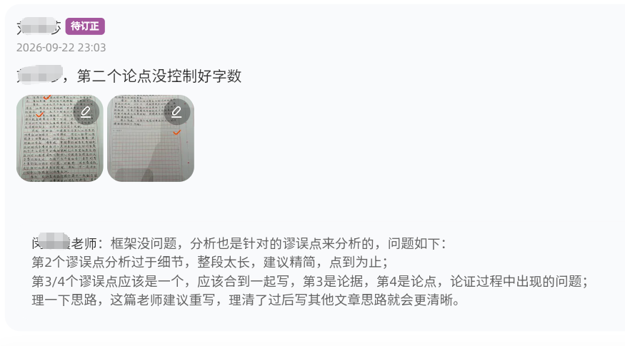 品睿老师作文人工批改反馈截图